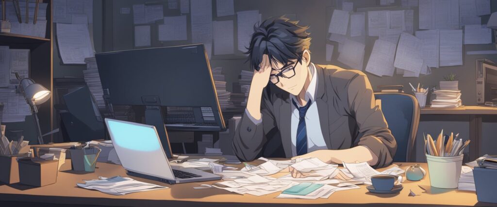 Graphic illustration of a young man stressed about paperwork