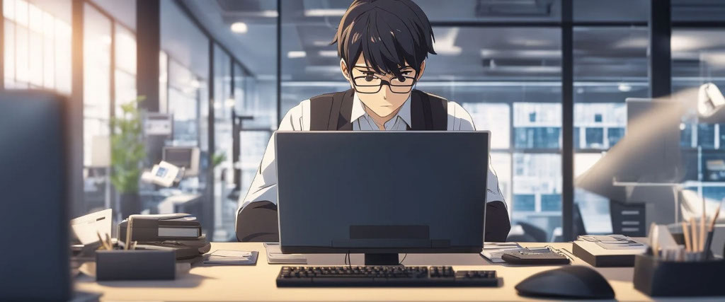 Young male worker working with his desktop computer