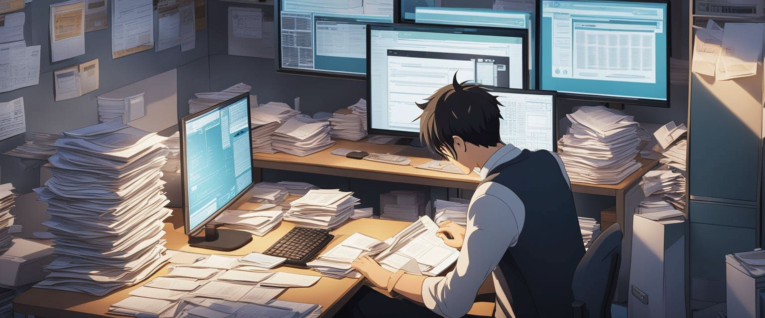 Young male employee busy with work, as piles of paperwork are on his desk