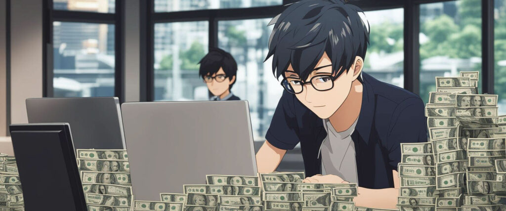 Graphic image drawn in anime style of a young man working on his laptop, while paper bills are stacked on his desk