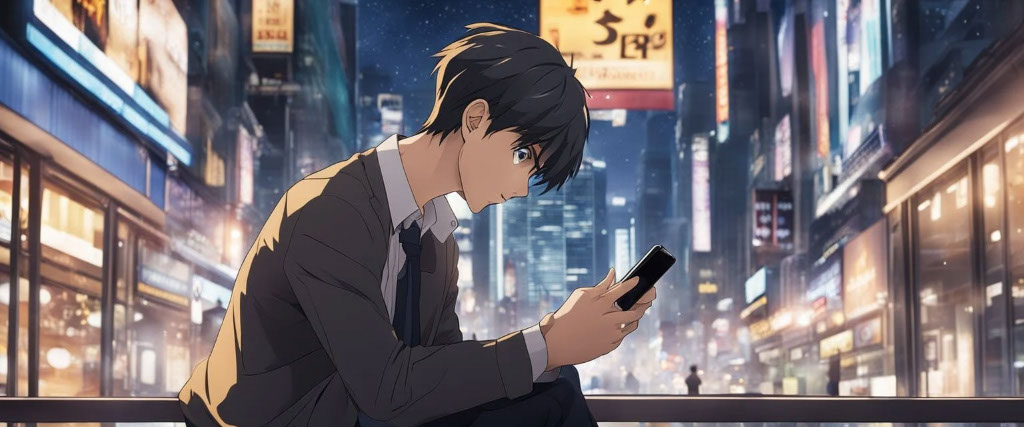 Graphic image drawn in anime style of a man looking at his phone