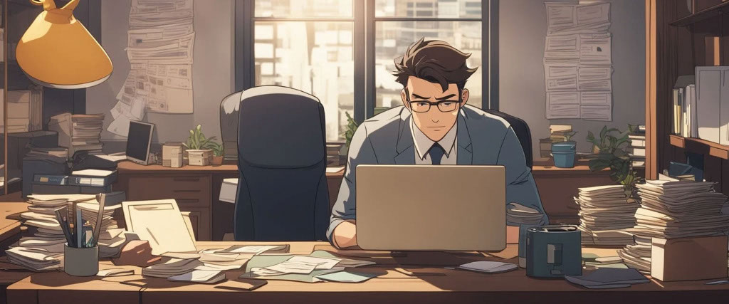 Graphic image drawn in anime style of a man working with his laptop, while his desk is filled with paperwork