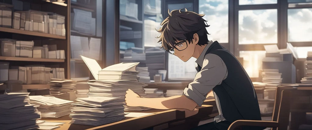 Graphic image of a young man busy reading and working with a tall pile of printed papers on his desk