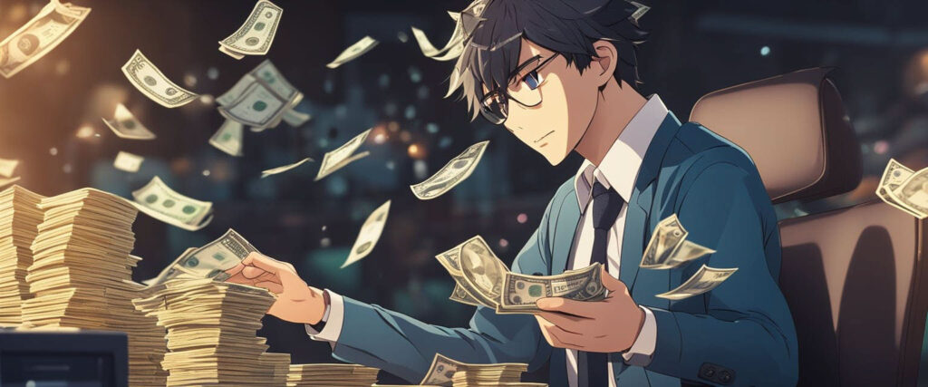 Graphic image of a young man counting dollar bills piled on his desk