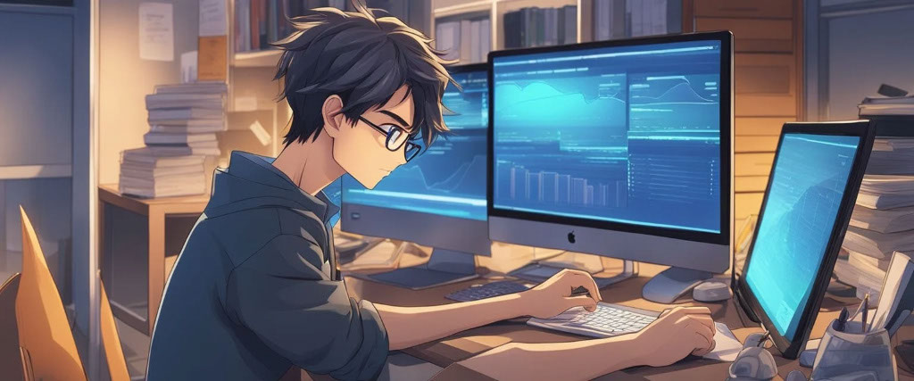 Graphic image drawn in anime style of a young male working with multiple monitors on his desk