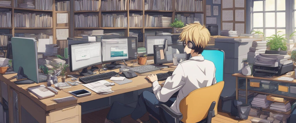 Graphic image drawn in anime style of a young male working with multiple desktops