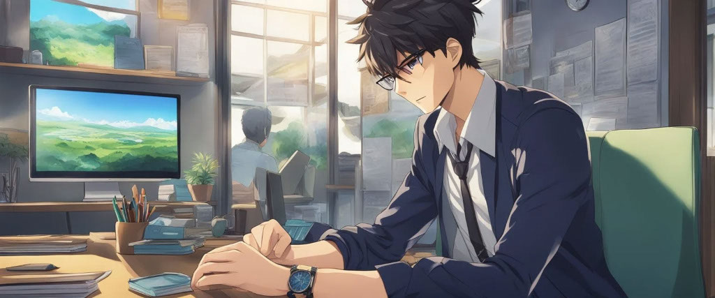 Graphic image in anime style of a young male busy working on his desk during office hours