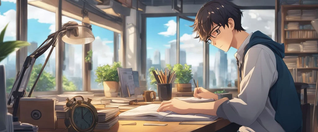 Graphic image in anime style of a young man working on paper work