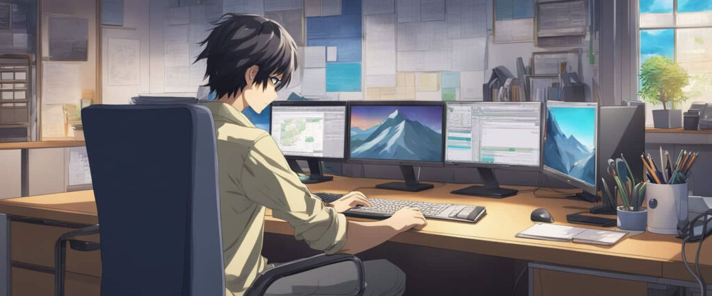 Graphic image drawn in anime style of a young man typing on a keyboard