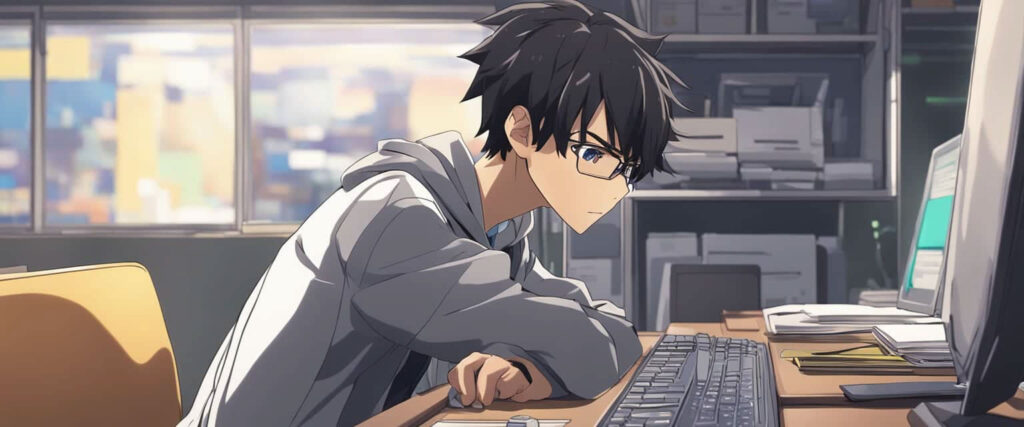 Graphic image drawn in anime style of a young man staring at his desktop monitor