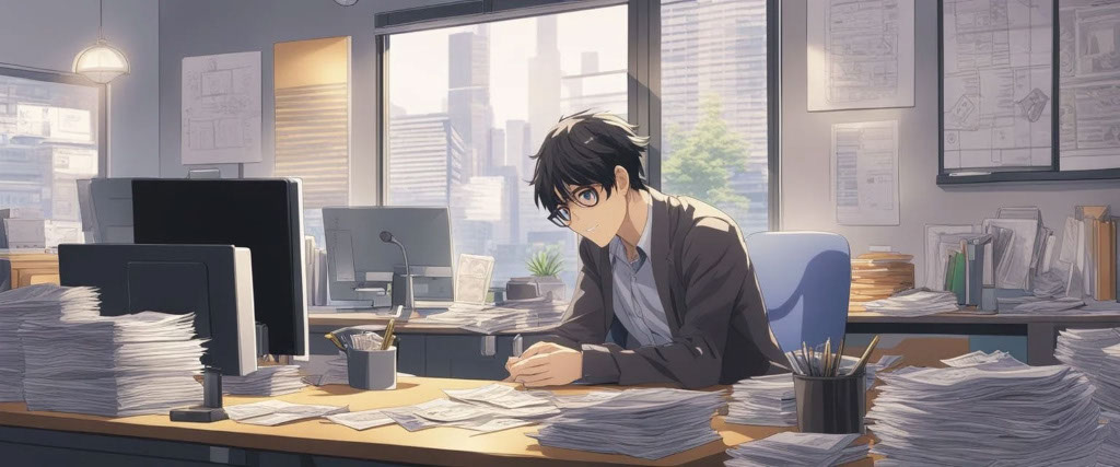 Graphic image drawn in anime style of a young male doing paperwork on his desk