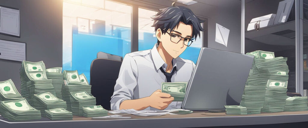 Graphic image drawn in anime style of a young male counting dollar bills piled on his desk