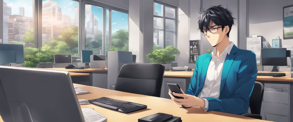 Graphic image drawn in anime style of a young man checking his phone while seated at his desk