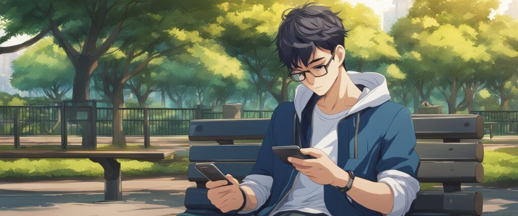 Graphic image drawn in anime style of a young man sitting in a bench outside, while holding and using two phones