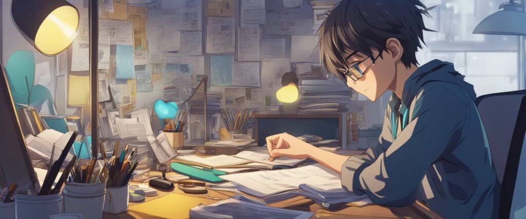 Graphic image drawn in anime style of a young man reviewing his paperwork at his desk