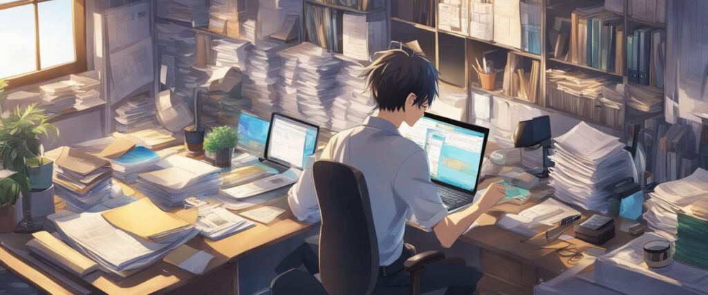 Graphic image drawn in anime style of a young man using his laptop while his table is filled with paperwork