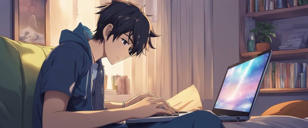 Graphic image drawn in anime style of a young man typing on his laptop