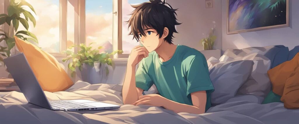 Graphic image drawn in anime style of a young man looking at his laptop while sitting up on his bed